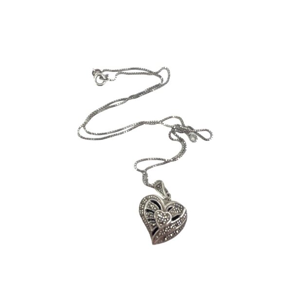 Vintage Silver Heart Marcasite Locket Necklace With Intricate Design - Picture 8 of 9